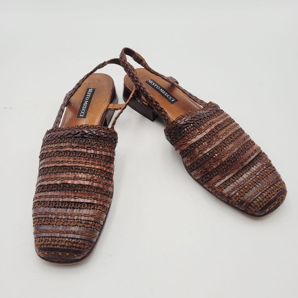SESTO MEUCCI Woven Slingback Sandals Strappy Braided Sz. 7.5 M Brown ITALY
